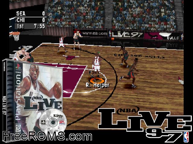 NBA Live 97 PSX game showing 3D box cover and gameplay screenshot