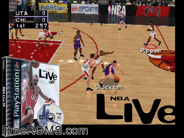NBA Live 98 PSX game showing 3D box cover and gameplay screenshot