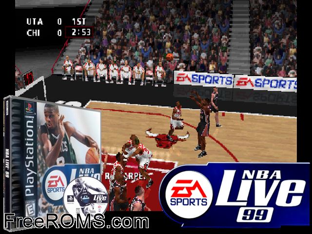 NBA Live 99 PSX game showing 3D box cover and gameplay screenshot