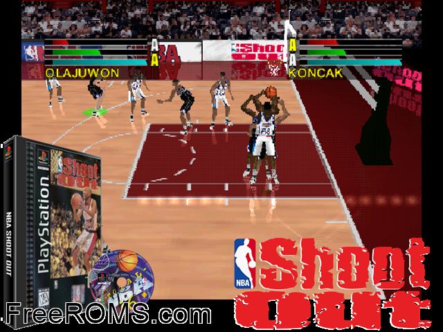 NBA ShootOut PSX game showing 3D box cover and gameplay screenshot