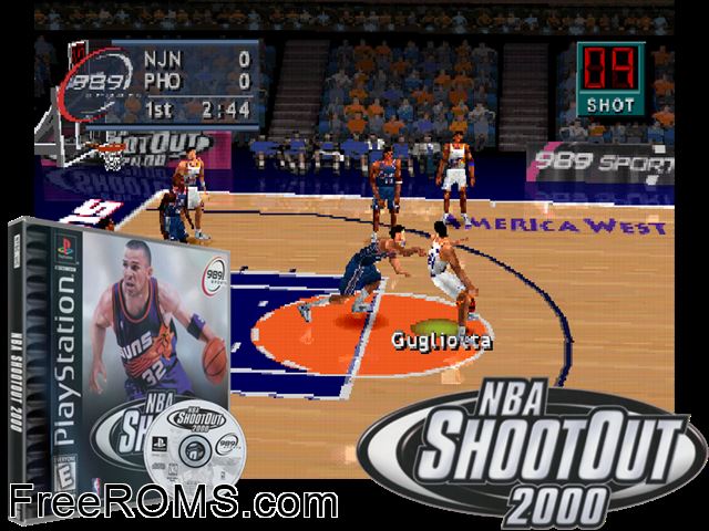 NBA ShootOut 2000 PSX game showing 3D box cover and gameplay screenshot