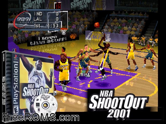 NBA ShootOut 2001 PSX game showing 3D box cover and gameplay screenshot