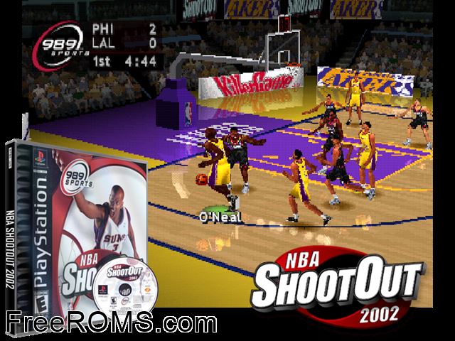 NBA Shootout 2002 PSX game showing 3D box cover and gameplay screenshot
