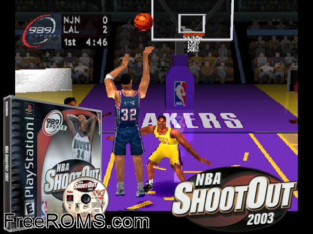 NBA ShootOut 2003 PSX game showing 3D box cover and gameplay screenshot