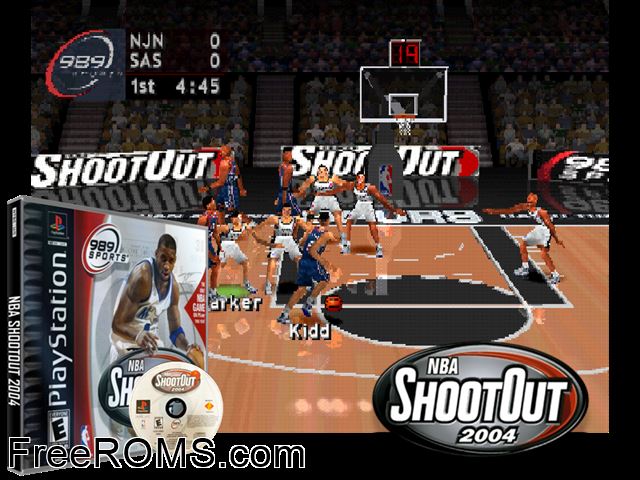 NBA ShootOut 2004 PSX game showing 3D box cover and gameplay screenshot