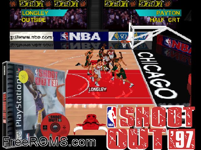 NBA ShootOut '97 PSX game showing 3D box cover and gameplay screenshot