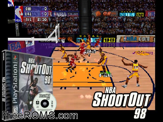 NBA ShootOut 98 PSX game showing 3D box cover and gameplay screenshot