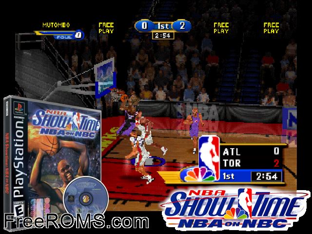 NBA Showtime - NBA on NBC PSX game showing 3D box cover and gameplay screenshot