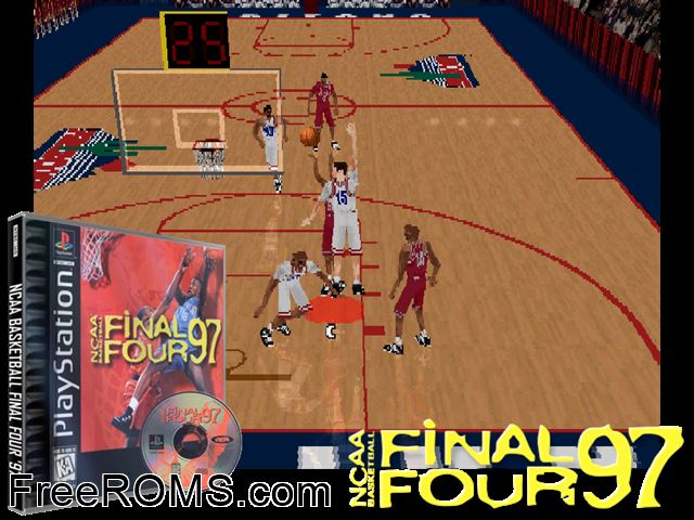 NCAA Basketball Final Four '97 - PSX game showing 3D box cover and gameplay screenshot