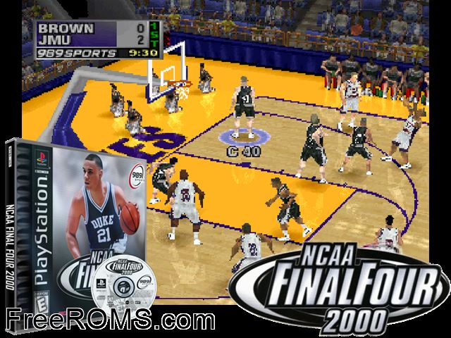 NCAA Final Four 2000 PSX game showing 3D box cover and gameplay screenshot