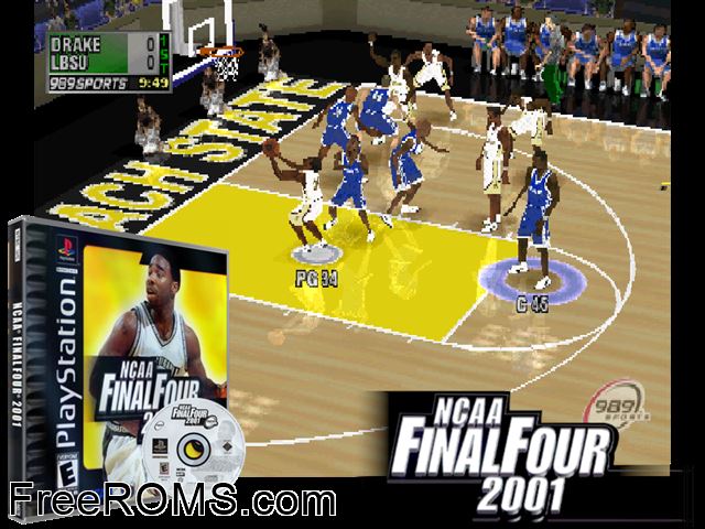 NCAA Final Four 2001 PSX game showing 3D box cover and gameplay screenshot