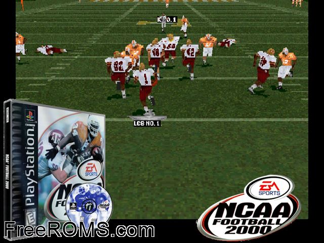 NCAA Football 2000 (v1.1) PSX game showing 3D box cover and gameplay screenshot