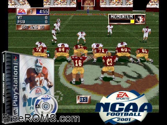 NCAA Football 2001 PSX game showing 3D box cover and gameplay screenshot