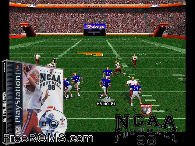 NCAA Football 98 PSX game showing 3D box cover and gameplay screenshot