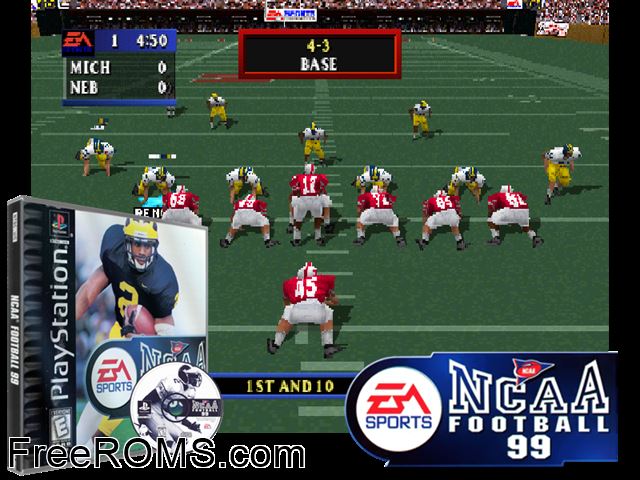 NCAA Football 99 PSX game showing 3D box cover and gameplay screenshot