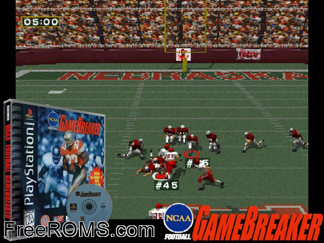 NCAA Football Gamebreaker PSX game showing 3D box cover and gameplay screenshot