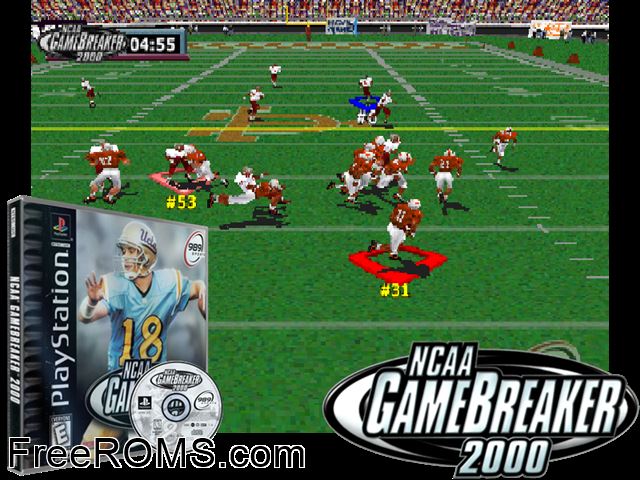 NCAA_Gamebreaker_2000_(NTSC-U)_ PSX game showing 3D box cover and gameplay screenshot