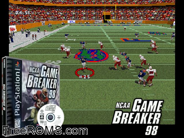 NCAA Gamebreaker '98 PSX game showing 3D box cover and gameplay screenshot