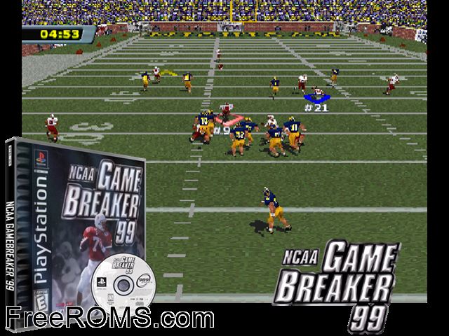 NCAA Gamebreaker '99 PSX game showing 3D box cover and gameplay screenshot