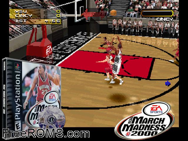 NCAA March Madness 2000 PSX game showing 3D box cover and gameplay screenshot