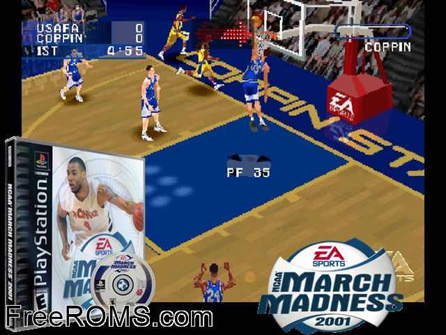 NCAA March Madness 2001 PSX game showing 3D box cover and gameplay screenshot