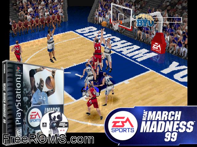 NCAA March Madness 99 PSX game showing 3D box cover and gameplay screenshot