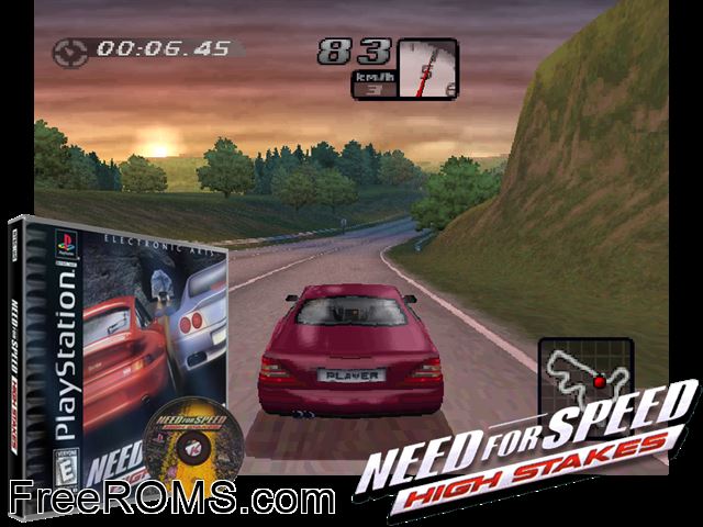 Need For Speed - High Stakes PSX game showing 3D box cover and gameplay screenshot