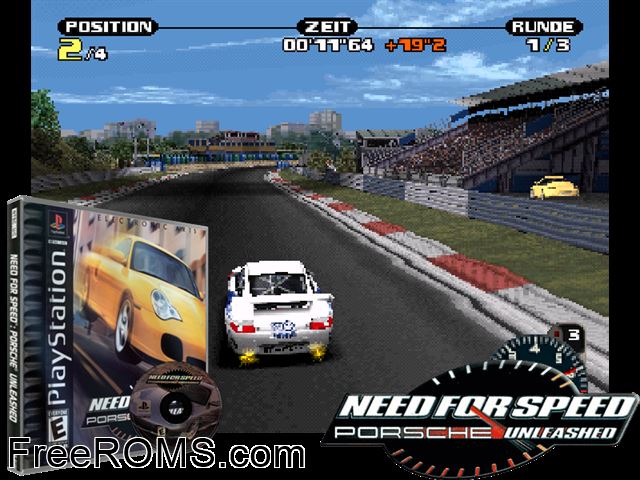 Need For Speed - Porsche Unleashed PSX game showing 3D box cover and gameplay screenshot