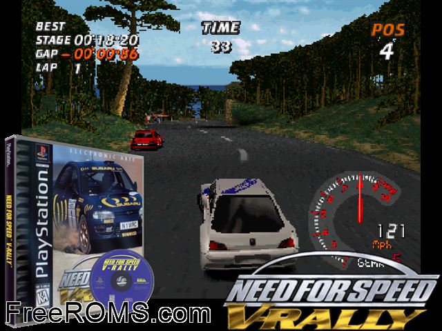 Need For Speed - V-Rally PSX game showing 3D box cover and gameplay screenshot
