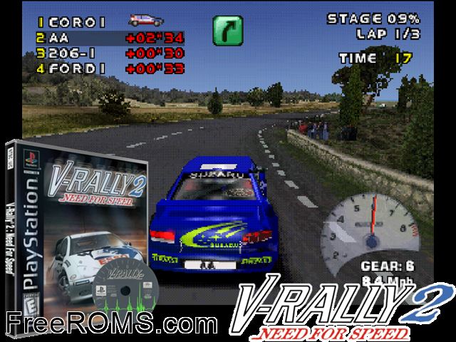 Need for Speed - V-Rally 2 PSX game showing 3D box cover and gameplay screenshot