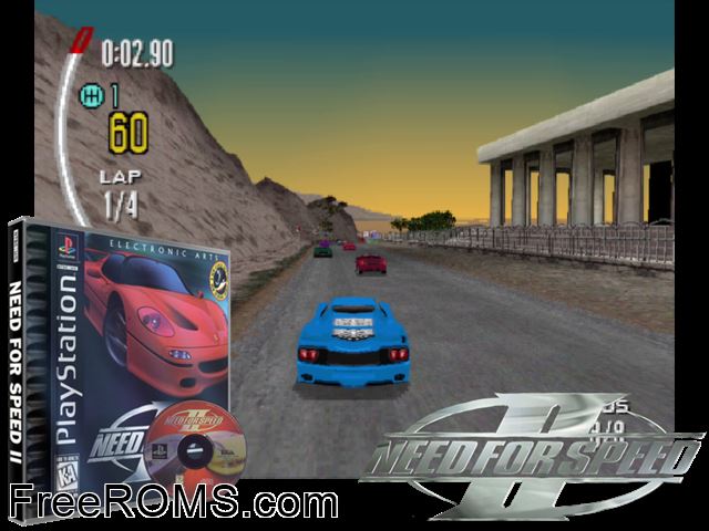 Need For Speed II PSX game showing 3D box cover and gameplay screenshot