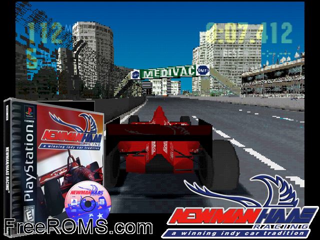 Newman-Haas Racing PSX game showing 3D box cover and gameplay screenshot