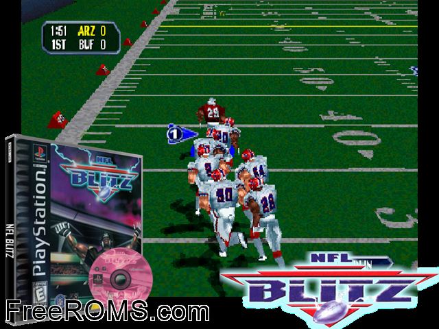 NFL Blitz PSX game showing 3D box cover and gameplay screenshot