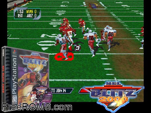 NFL Blitz 2000 PSX game showing 3D box cover and gameplay screenshot