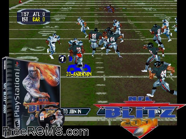 NFL Blitz 2001 PSX game showing 3D box cover and gameplay screenshot