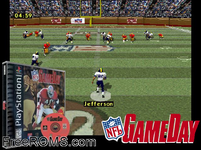 NFL GameDay PSX game showing 3D box cover and gameplay screenshot