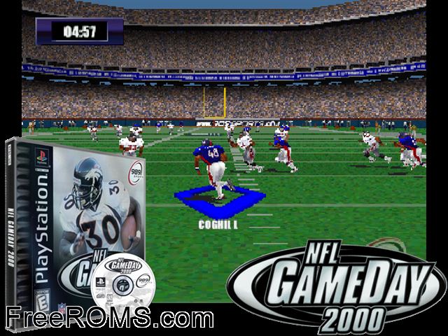 NFL GameDay 2000 PSX game showing 3D box cover and gameplay screenshot