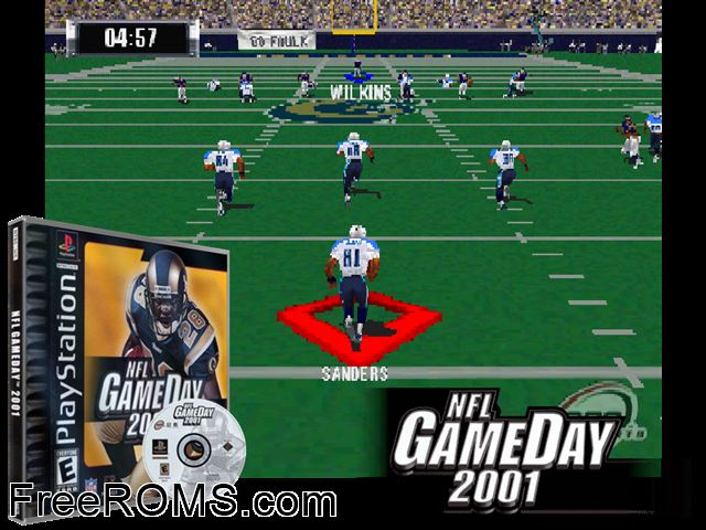 NFL GameDay 2001 PSX game showing 3D box cover and gameplay screenshot