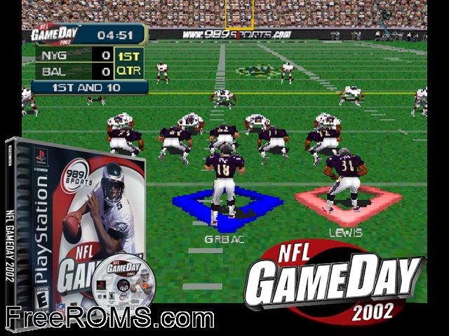 NFL GameDay 2002 PSX game showing 3D box cover and gameplay screenshot
