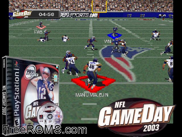 NFL Gameday 2003 PSX game showing 3D box cover and gameplay screenshot