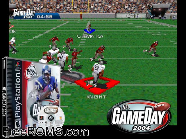NFL Gameday 2004 PSX game showing 3D box cover and gameplay screenshot