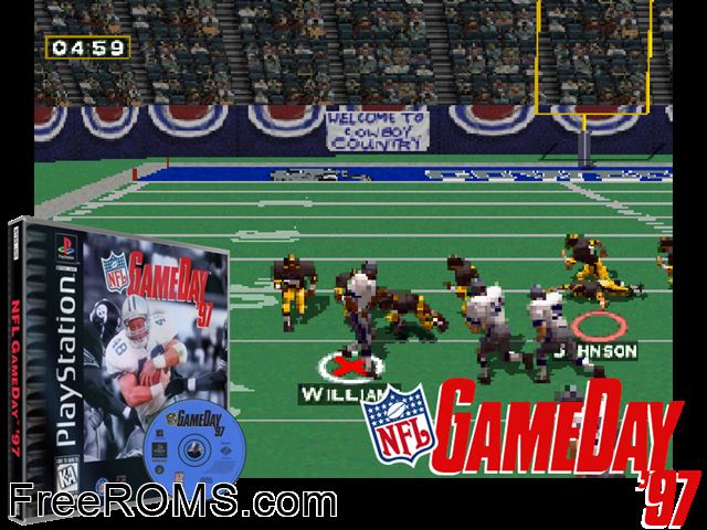 NFL GameDay 97 PSX game showing 3D box cover and gameplay screenshot