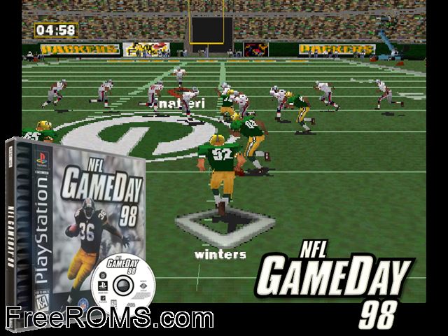 NFL GameDay 98 PSX game showing 3D box cover and gameplay screenshot