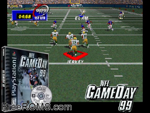 NFL GameDay 99 (v1.0) PSX game showing 3D box cover and gameplay screenshot