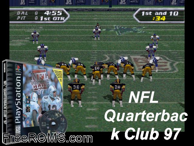 NFL Quarterback Club '97 PSX game showing 3D box cover and gameplay screenshot