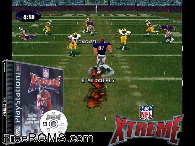 NFL Xtreme PSX game showing 3D box cover and gameplay screenshot