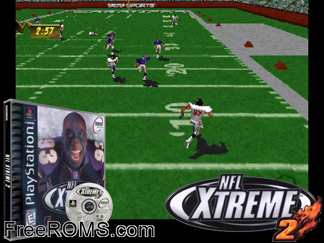 NFL Xtreme 2 PSX game showing 3D box cover and gameplay screenshot