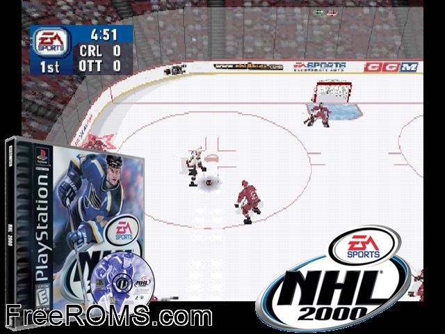 NHL 2000 PSX game showing 3D box cover and gameplay screenshot
