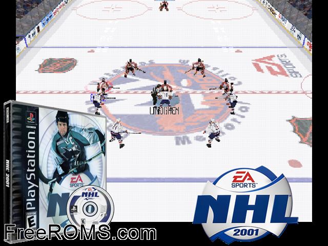 NHL 2001 PSX game showing 3D box cover and gameplay screenshot
