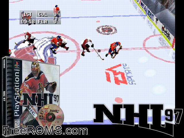 NHL 97 PSX game showing 3D box cover and gameplay screenshot